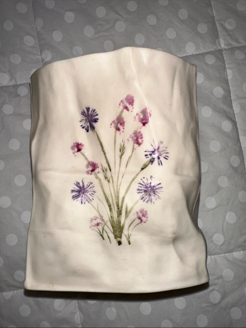 Hand-Painted Cream Ceramic Vase with Pink & Purple Floral Design 5" tall
